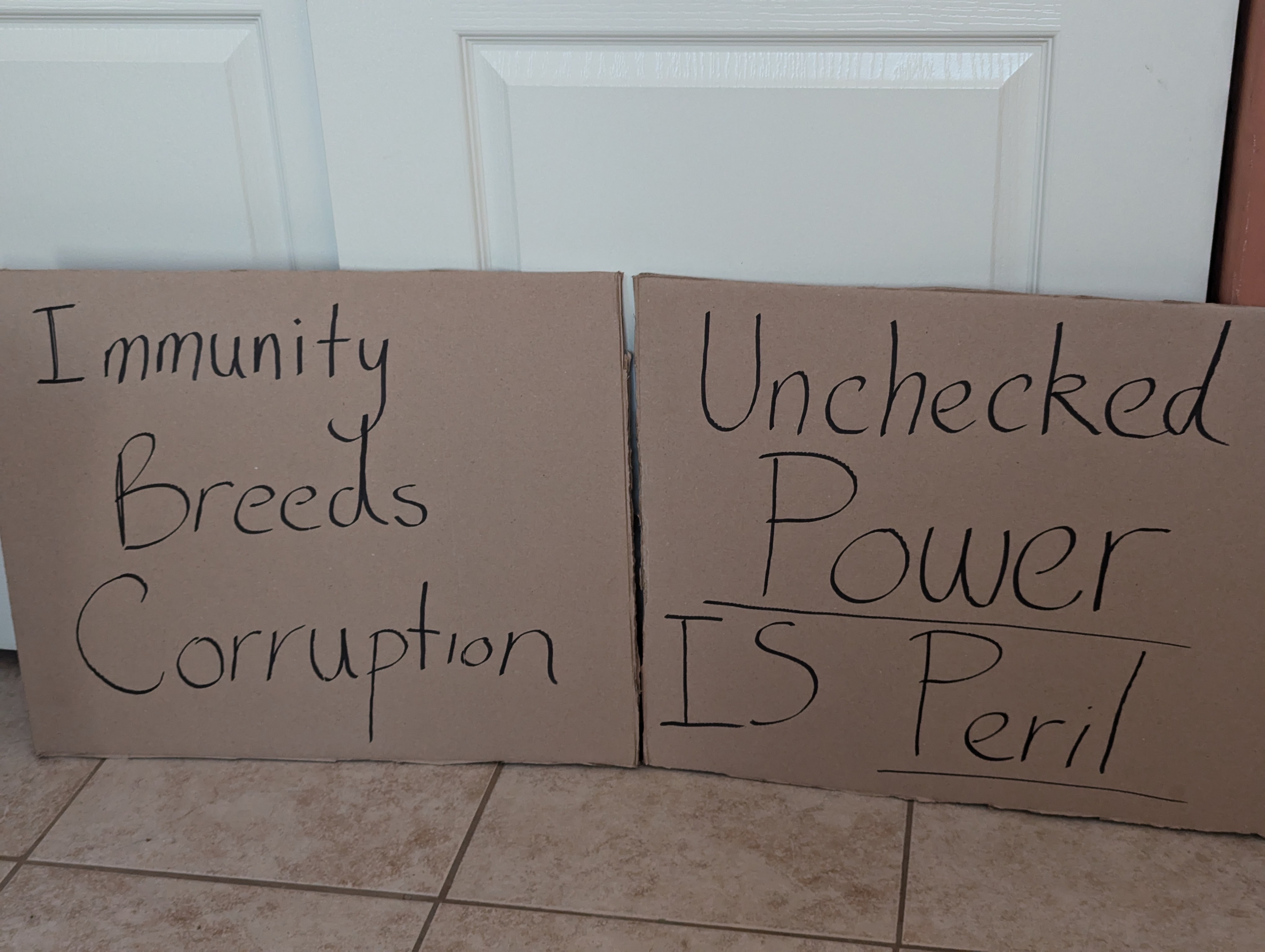 Protest signs, one says "Immunity Breeds Corruption" and another says "Unchecked Power is Peril"