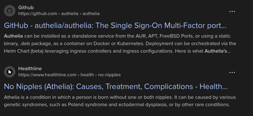 A screenshot of Google search page with the first entry being "Authelia" (A single sign on service) and the following entry being "No Nipples (Athelia)" (Medical condition for being born without one or both nipples)