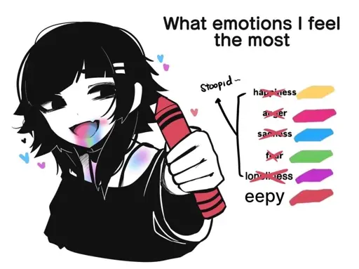 The title of the image says “what emotions I feel the most”. A girl, is eating a red crayon. The chart on the side shows what color of crayon corresponds to what emotion. All of them are scribbled out except for the red color, which reads “eepy”.
