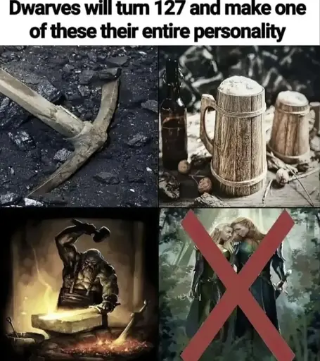 An image captioned "Dwarves will turn 127 and make one of these their entire personality". There are four more images with it: a pickaxe around dirt and rocks, beer, a blacksmith, and a red X over an image of elves from Lord of the Rings.