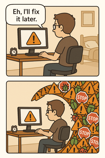 Top panel: A programmer sits at his desk observing a warning icon saying "Eh, I'll fix it later." Bottom panel (zoomed out a bit) reveals a wall (or wave) of warnings, bugs, and stop-signs [errors] are crashing down on top of him.