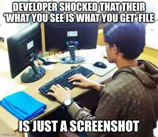 <image of a developer with monitors facing opposite of the developer typing> developer shocked that their 'What you see is what you get' file is just a screenshot