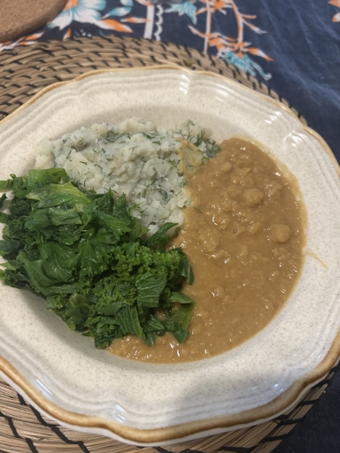 Beans, mashed potatoes and mustard greens